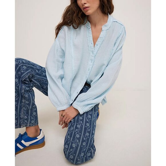 🆕 FREE PEOPLE We The Free Valley Double Cloth Shirt / Ice Water - Picture 4 of 10